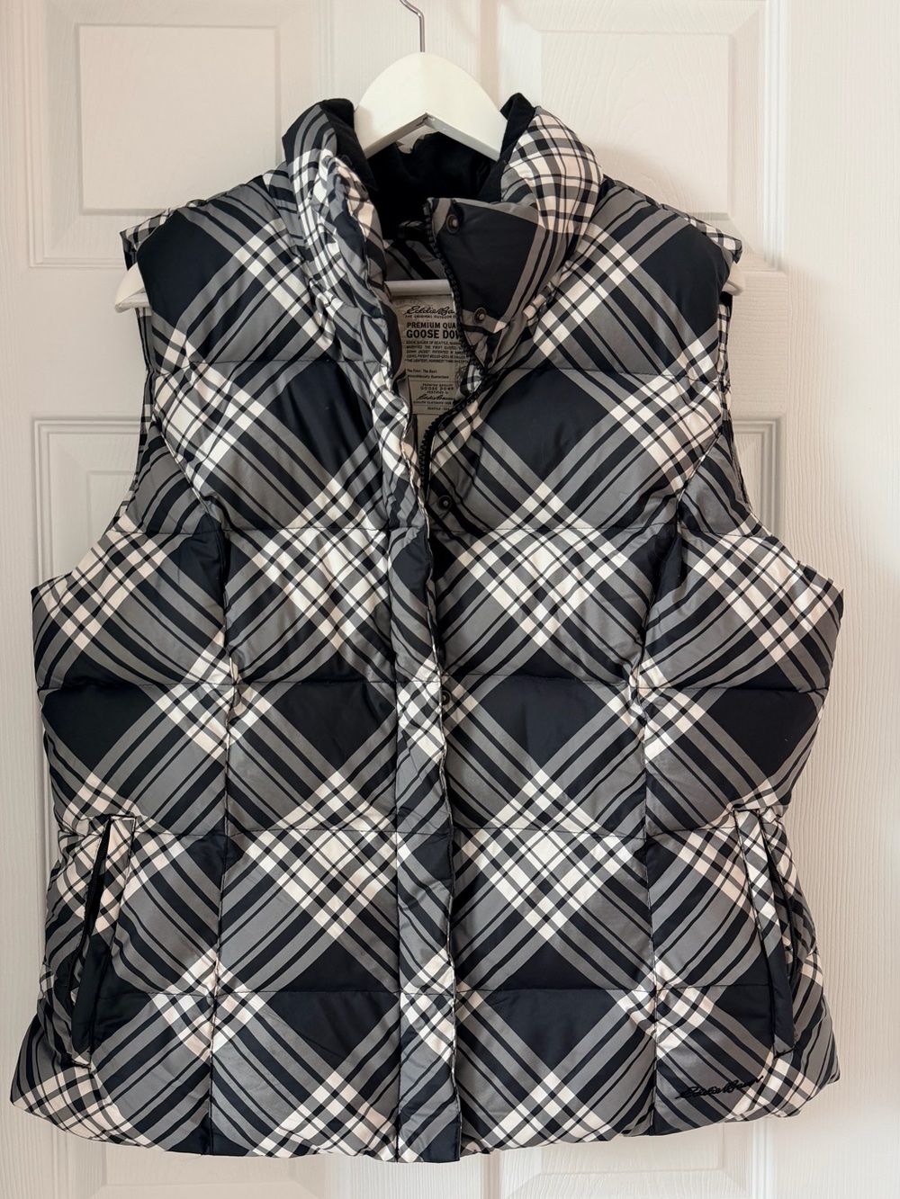 Eddie Bauer Vest Womens XL Premium Goose Down Puffer Black White Plaid Jacket